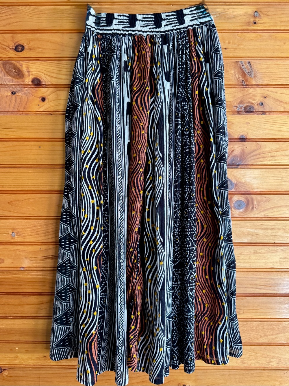 Rayon Broomstick Maxi Skirt S Tribal Abstract Print Elastic Waist Boho